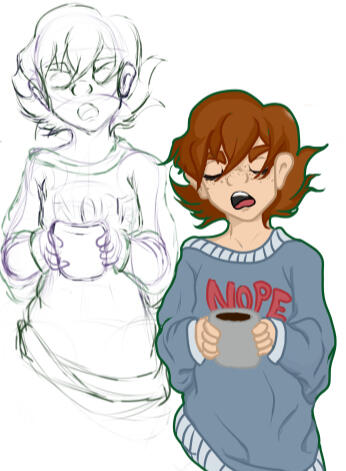 A disgruntled brownhaired young person stands holding a cup of coffee and seemingly mid delivery of a snarky opinion. Their sweater reads "NOPE". Behind the colored drawing, the original sketch lines can be seen off to the side.
