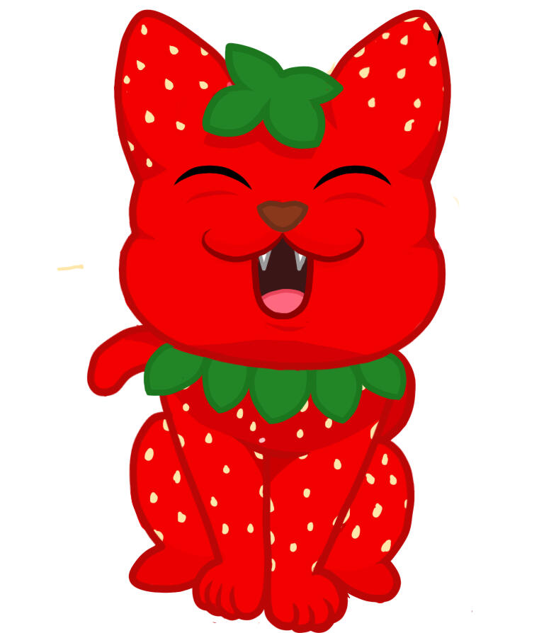 A meowing cat with a stawberry theme. It is red with yellow 'seed' spots and a collar like leaf fronds.