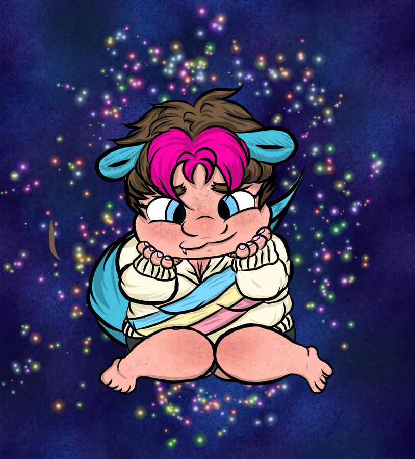 A chibi illustration of the artist, with blue ears and tail, sitting on the ground with their knees together, as tho they slid to the floor. They wear a pale sweater with yellow, blue and pink strips and are looking down with a heavy blush. A background of