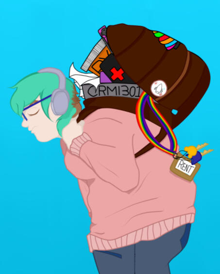 A digital illustration of a fat person standing with an extremely large backpack. They have teal hair , blue glasses, noise cancelling headphones, a pink baggy sweater and navy blue jeans.The heavy bag is spilling open and revealing hints like a NARCAN kit