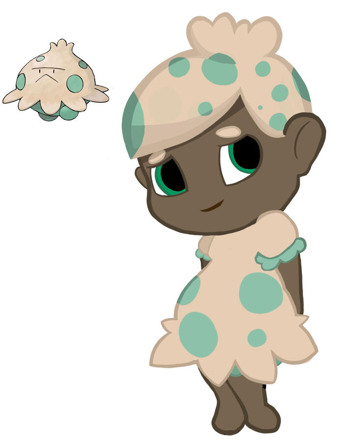 A 'humansona' or human take of the pokemon shroomish. She is black, with a hair tucked into a hat like a a white green spotted mushroom cap and wears a matching drass. She stands with her arms behind her back, eyes darting away and knees tucked together, s