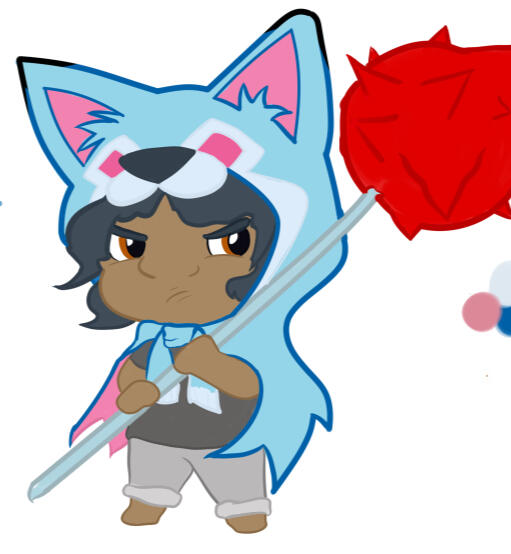 A drawing of "wolf" from Kipo and the wonderbeasts. She is a young black girl, with dark gray hair. Wolf wars a clock made of a blue lupine pelt, and wields a fearsome mace made from a scorpions tale.