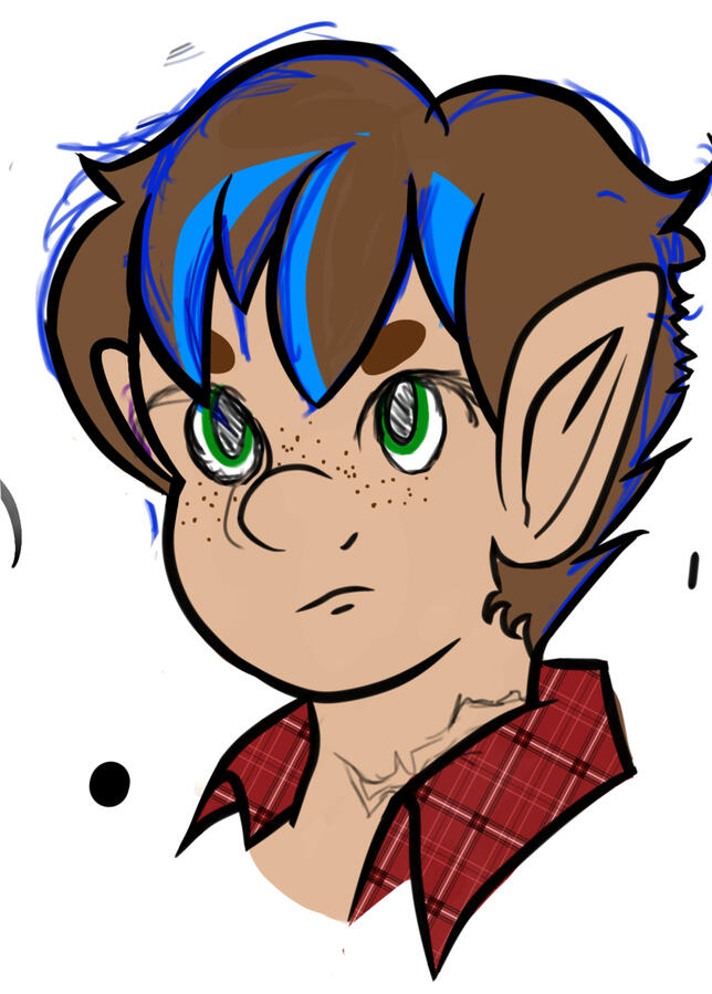 A 3/4 digital sketch of a brown haired masculine person of indeterminate gender, with blue streaks. They have green eyes, slightly pointed ears and a prominent neck scar