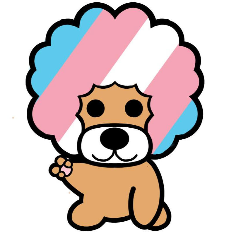 A drawing of "afrodog" the sanrio character who has ever changing hair. His hair is the trans pride flag.