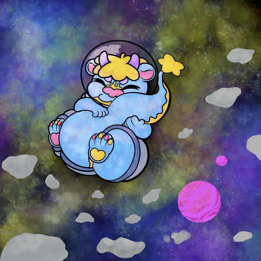 An image of a anthropomorphic blue otter with small purple horns floating in space. They are smiling, eyes closed and limbs clutched around a large tail. They are wearing a space suit with their fore limbs exposed and a clear helmet that reflects the nebu