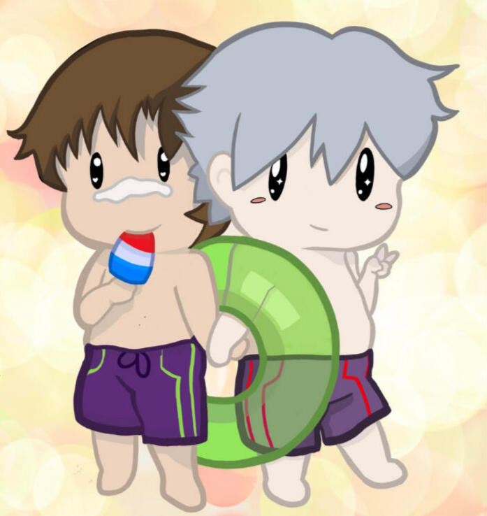 A brown haired boy stands in purple swim trunks with green highlights, holding a 'rocket popssicle". He holds the hands of a silver haired boy with purple trunks and red highlights. Resting on their linked harms is an innertube.