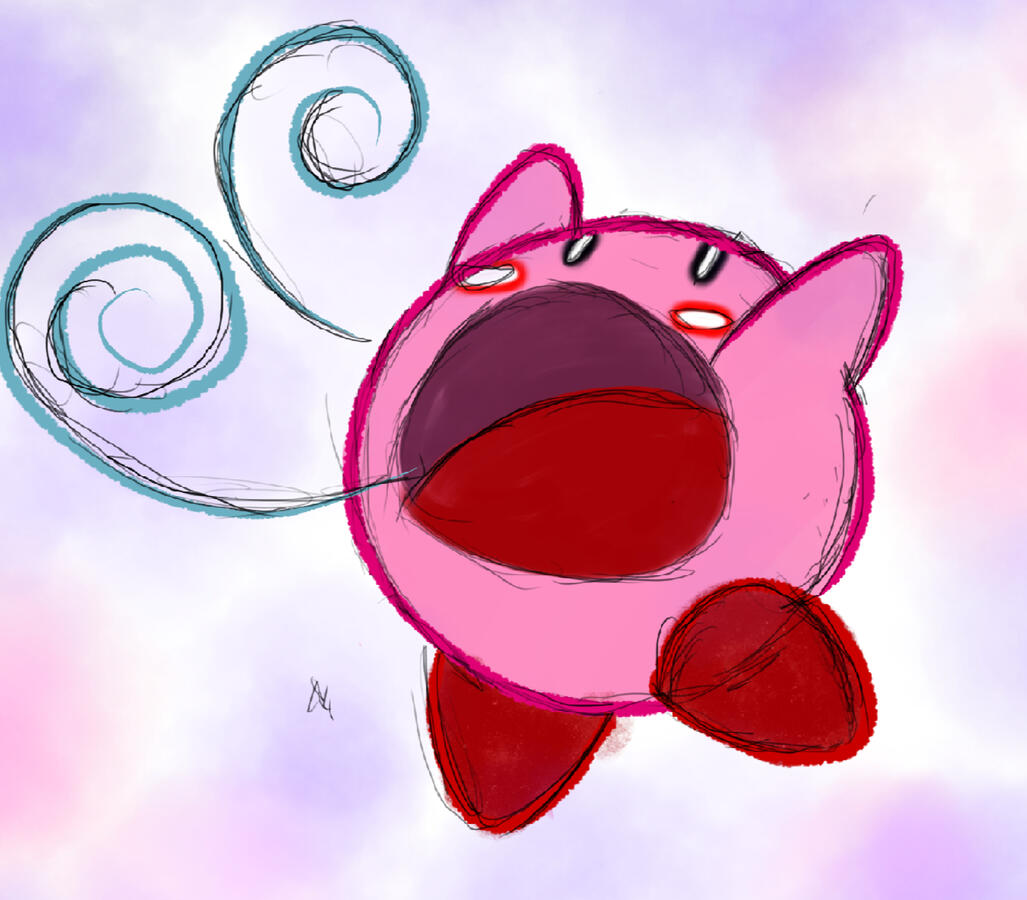 A digital pencil sketch of "Kirby" inhaling dramatically with big gusts of wind.