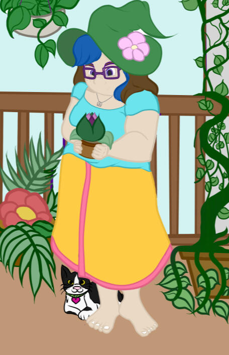 A drawing of a young femme person in a green witch hat, with long brown hair and blue streak. She is fat, with wide shoulders and wide hips and wearing a blue shirt and yellow wrap skirt. She stands on a balcony, looking fondly at a small cactus and surrou