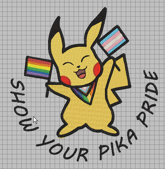 A screenshot of an embroidery map displayed in the embroidery software "Hatch 3". It shows a pikachu, with a wide smile and arms to the sky. They hold two flags, one a rainbow pride flag and the other a trans pride flag. On it's neck is a kerchief showing