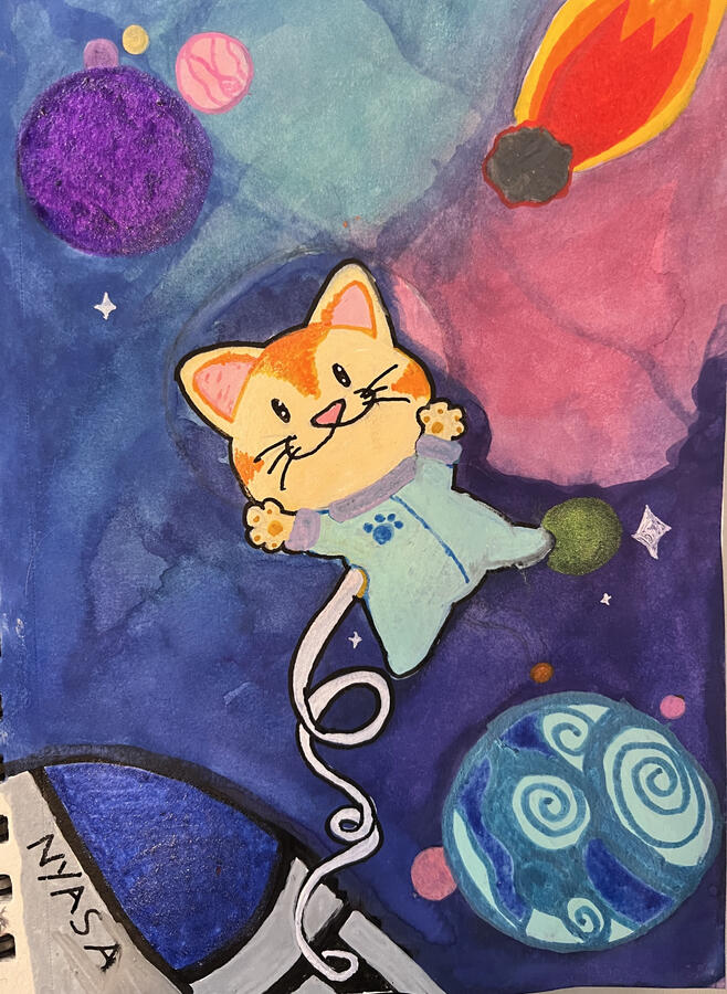 A second acrylic watercolor piece of similar compoisstion to "meowterspace". This cat astronaut is an orange tabby cat, and he's closer to celestial objects than his peer. In the foreground is a shuttle reading "nyasa" on the side, and in the background is