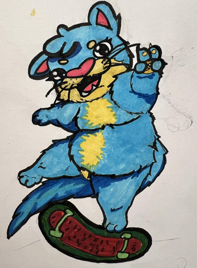 An image of a bipedal anthropomorphised otter ding an ollie on a skate board. The otteris blue with yellow fur highlighting the muzzle and belly. He is seen from above at an angle, highlighting the hand held skyward in a 'peace' gesture.