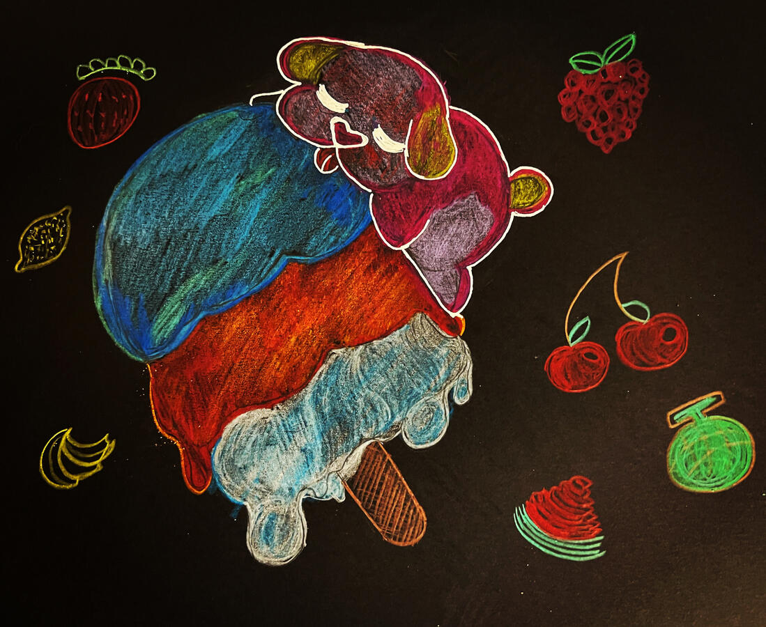 A pencil crayon on black drawing of a little pink dog napping on a big melting popsicle. Fruits float in foreground as a stylised backdrop.
