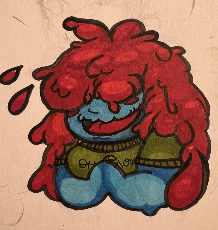 An illustration in alcohol markers of a slime based creature with their hands clasped in front of them in excitement and a wide broad smile. They have red hair that is long and shiny, with paint like texture and blue skin of similar composition. Their bang