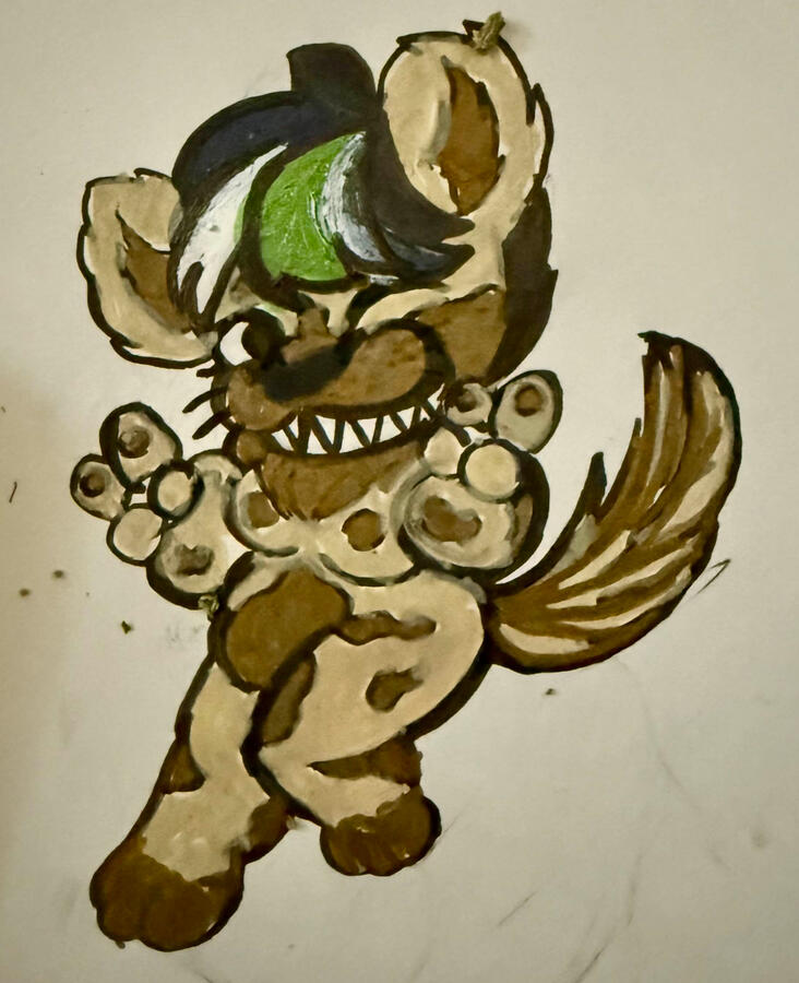 A chibi style illustration of a anthropomorphic hynene with held out paws. Their body is pale tan, with dark brown splotches and muzzle. They have a mohawk in the agender flag colors (black, white, gray green)