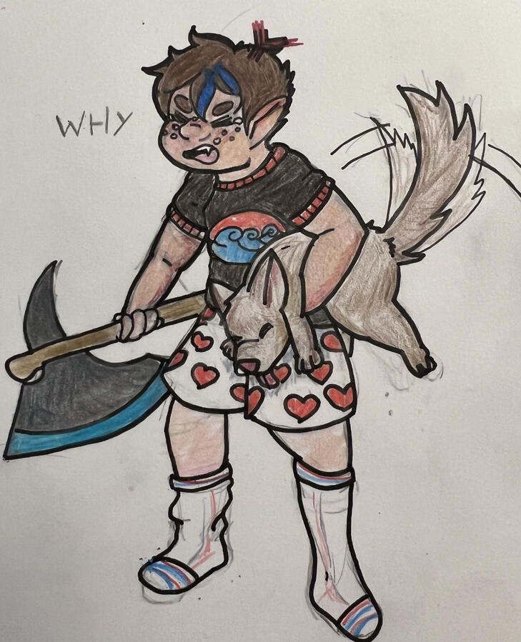 A colored pencil sketch of a young person holding a bladed axe in one hand and a wagging coyote in the other. He has brown hair with a blue streak, and wears a brown shirt and heart print boxers. He clearly does not want to be awake at this hour.
