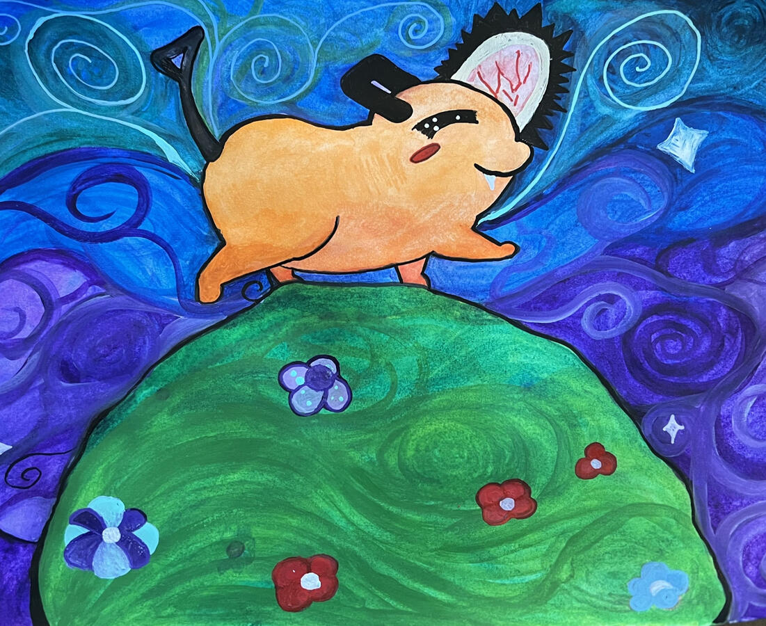 An illustration of "Pochita" of chainsawman fame rendered like the closing title card of the 1999 anime "card captor sakura". it depicts an orange dog creature with the blade of a chainsaw, walking on a tiny flower speckled world in a swirling sky. His vi