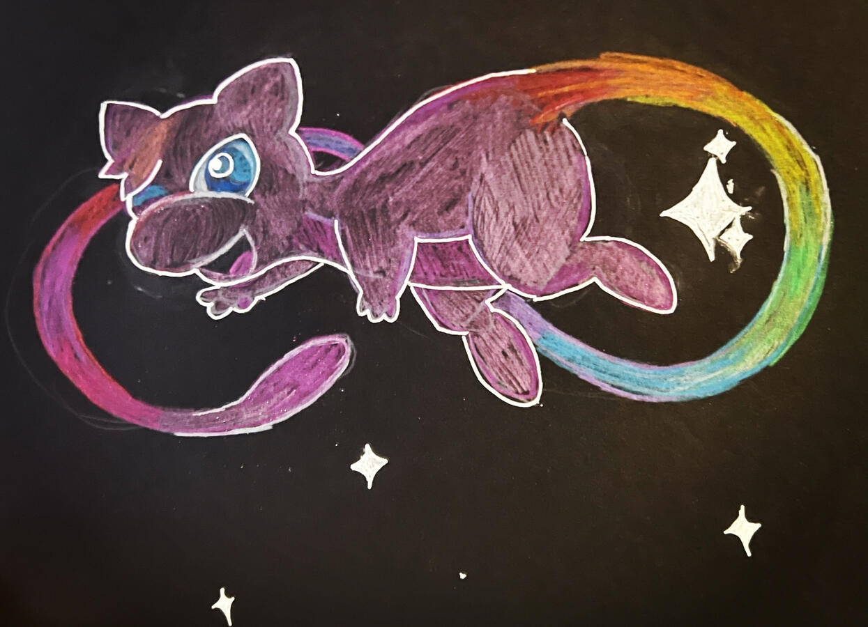 A piece for autism acceptance month featuring pokemon150 (Mew) with their tail in rainbow and lazily twisted to depict the widely used "neurodiveristy" loop.