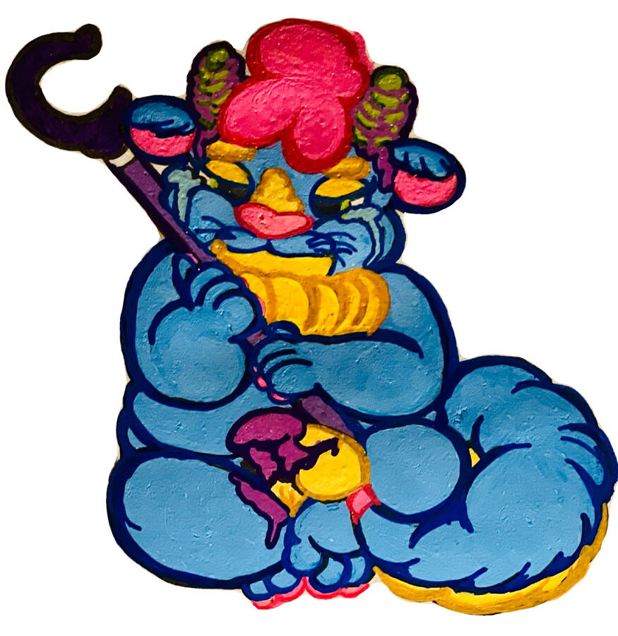 A painted illustration of an anthrompormic animal, otterlike in build but with horns like a goat sitting cross legged on the floor. He has tears welling in his eyes, which are cast downward towards a long cane.