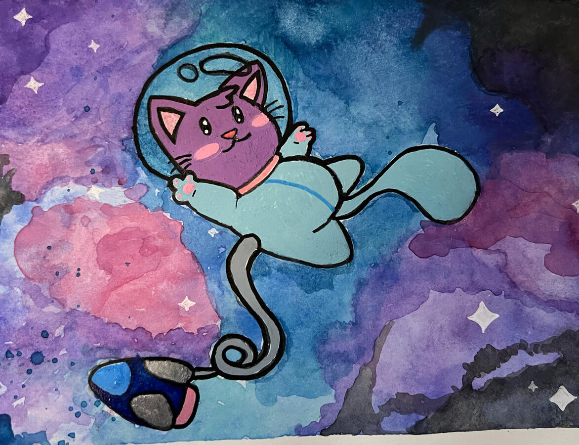 A watercolor and acrylic piece of a galaxy background with a castronaut (cat astronaut) in the foreground. The cat is purple with a teal body and floats tethered, far from their shuttle.